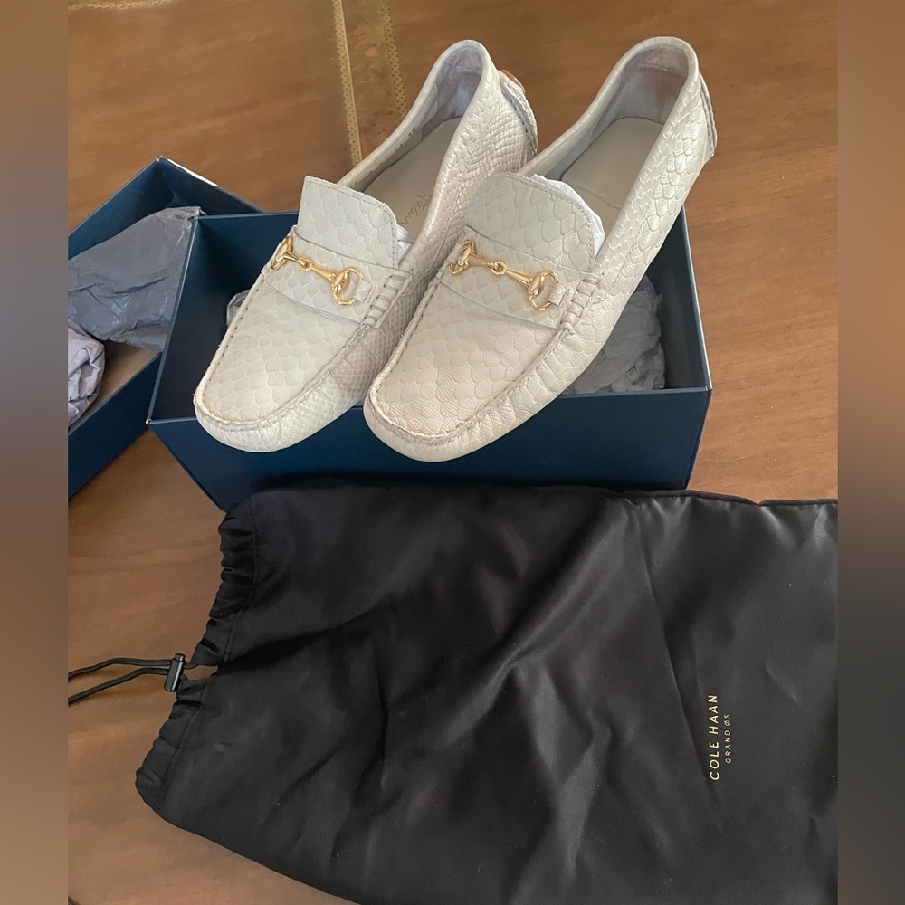 Cole Haan Textured leather Cream Loafers with Gold Detail